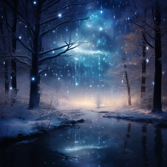 Eine magische nächtliche Waldlandschaft, Winterbäume an einem Fluss umgeben von Schnee, dahinter der Winterhimmel mit leuchtenden kugeln oder sternen