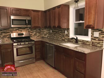 kitchen remodel, granite countertops, tile backsplash, ceramic tile, plank flooring, tile flooring, stainless steel, medium brown cabinets, walnut cabinets, new kitchen cabinets, countertops, granite, tile flooring, glass tile, 