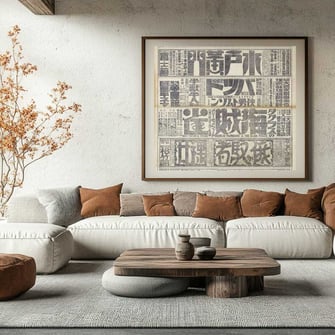 Japanisches Wohnzimmer mit Sofalounge und Kalligrafie Bild als Kunstwerk an der Wand