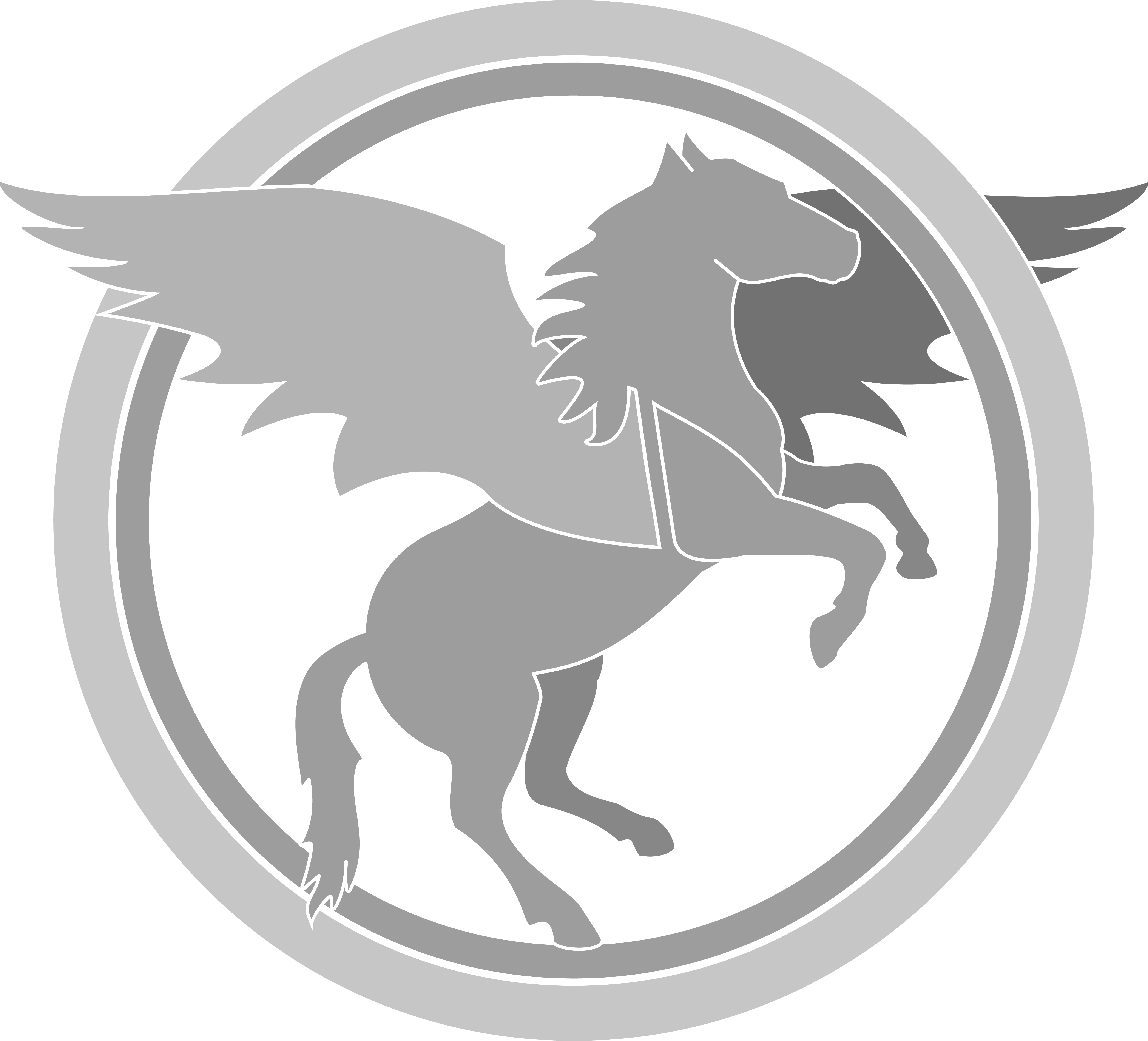 graue Grafik eines geflügelten Pferdes in zwei Kreisen