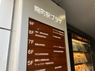 写真：ビルの入口。麹町駅プラザの名称とフロアガイド