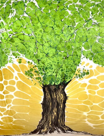 Yuko, "Hareta-ki", 2023, Suminagashi auf Sateen, 190 x 145 cm