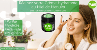 recette crème hydratante miel de manuka Puri New Zealand avec une jeune femme qui s'applique le Miel sur le visage