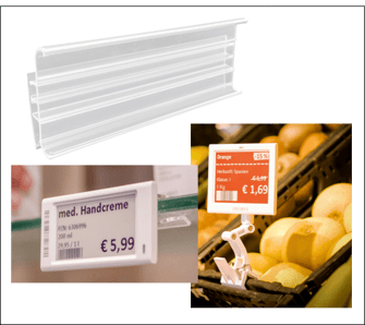 Übersicht von Aufstellern, Befestigungen und Schienen für elektronische Preisschilder