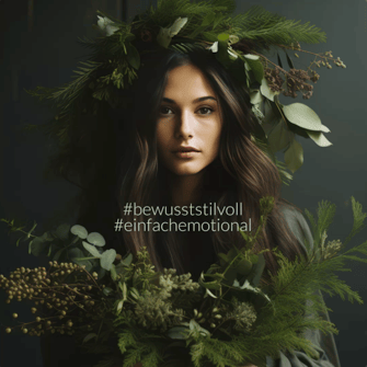 Ein Portrait einer schönen jungen brünetten Frau, umgeben von Grünpflanzen. 