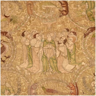 Cette photo représente une partie de la chape de la vierge, vêtement liturgique faisant partie du trésor de la cathédrale de Saint-Bertrand-de-Comminges, village historique de haute-garonne, site historique des Pyrénées centrales