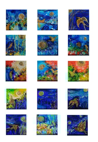 Elisabeth Augendre artiste peintre en Ariège expose aux cent centimères carrés 2025 Carla Bayle 09les oiseaux de soleil acrylique et feuille d'or 