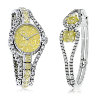 Uhr und Armreif in Weiss- und Gelbgold mit Diamanten, angefertigt auf Kundenwunsch von der Goldschmiede OBSESSION Zürich und Wetzikon