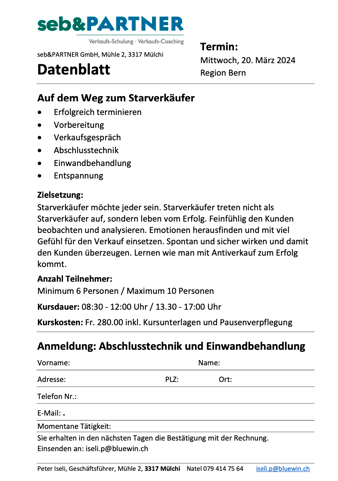 seb & PARTNER - Kurs Auf dem Weg zum Starverkäufer 20. März 2024