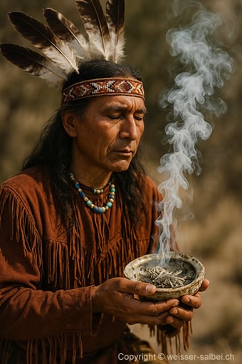 Traditionelles Räuchern der indigenen Völker Nordamerikas mit weissem Salbei.