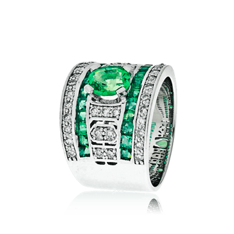 Schmuckring in Weissgold mit Smaragden und Diamanten, angefertigt auf Kundenwunsch von der Goldschmiede OBSESSION Zürich und Wetzikon