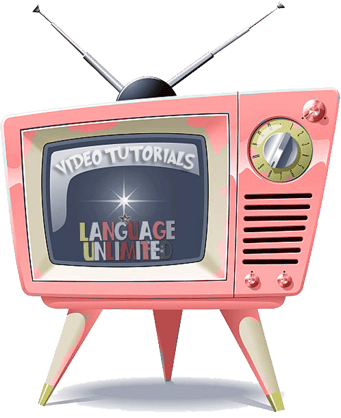 Vintage pink TV with Language Unlimited logo and link to Youtube