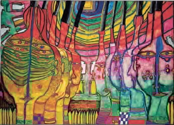 Friedensreich Hundertwasser, Nr. 608 „Das Ende der Griechen, Ost- und Westgoten“ (Mischtechnik, 1964, Privatsammlung) (Darstellung: Buchheim Museum / Buchheim Stiftung)