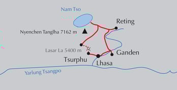Landkarte Reise Herbst in Tibet, Trekking von Tsurphu zum Nam Tso