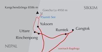 Landkarte Sikkim-Reise Gangtok - Rumtek - Uttare - Goechala - Yuksom - Pelling