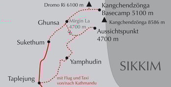 Landkarte Reise Trekking einsamer Kangchendzönga mit Gipfelbesteigung eines 6000er in Nepal