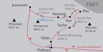Landkarte Reise Trekking um die Annapurna in Nepal