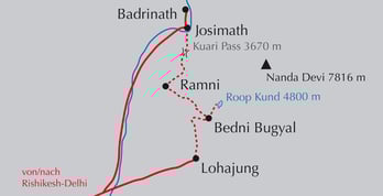 Landkarte Trekking-Reise in Garhwal über den Kuari Pass zum Nanda Devi