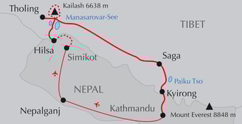 Landkarte Trekking-Reise Von Westnepal durchs Limital zum Kailash in Tibet
