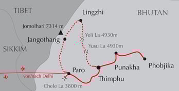 Landkarte Bhutan-Reise Jomolhari-Zum Berg der Götter
