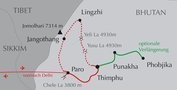 Landkarte Bhutan-Reise Jomolhari-Zum Berg der Götter