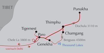 Landkarte Trekking zu den Dagala in Bhutan - Thousand Lakes