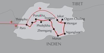 Landkarte Reise unbekannter Süden Bhutans - Manas Nationalpark - Mongar - Trongsa - Paro