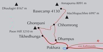 Landkarte Trekking-Reise Pokhara - Poon Hill - Annapurna Basecamp in Nepal