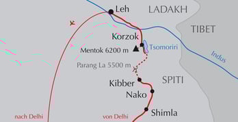 Landkarte Reise von Shimla nach Kinnaur und Spiti und Trekking über den Parang La zum Tsomoriri in Ladakh Besteigung Mentok