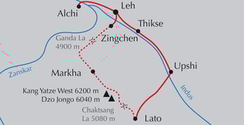 Landkarte Trekking-Reise durchs Markha-Tal mit Besteigung Kangyatze und Dzo Jongo in Ladakh