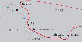 Landkarte Reise von Lhasa zum Kailash und weiter nach Kashgar im Westen Tibets.