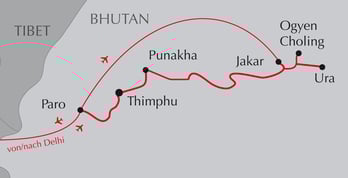 Landkarte Reise durch Bhutan - Paro - Thimphu - Phobjikha - Bumthang