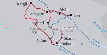 Landkarte Reise in Zanskar - Trekking Padum - Pukthal - Shade - Zangla - Lingshed