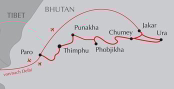 Landkarte Reise durch Bhutan - Paro - Thimphu - Phobjikha - Bumthang