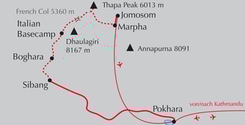 Landkarte Reise Trekking rund um den Dhaulagiri in Nepal
