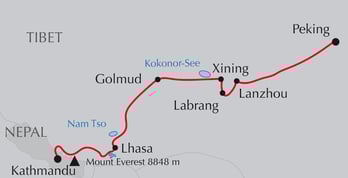 Landkarte Reise Überland von Peking nach Kathmandu (über Tibet)
