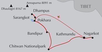 Landkarte Nepal-Rundreise von Kathmandu nach Pokhara und in den Chitwan Nationalpark