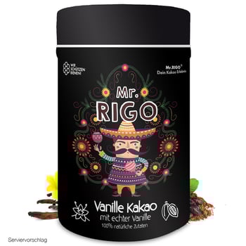 Vanille Kakaopulver Trinkschokolade Dose mit Vanilleblüte und Kakaobohnen