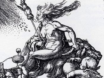 Rückwärts reitende Hexe auf einem Ziegenbock (Albrecht Dürer, Kupferstich, ca. 1500) (Kupferstich von Albrecht Dürer | Wikimedia | gemeinfrei)