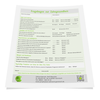 Fragebogen zur Zahngesundheit Ihres Kindes. Bitte herunterladen, ausdrucken, ausfüllen und mit in die Praxis bringen. Klicken Sie links auf das PDF-Symbol!