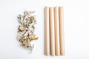 Getrockneter Beifuss links und vier Moxazigarren rechts. 