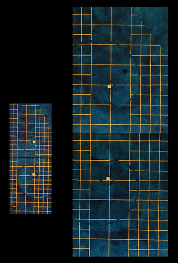 GOLDEN GRID 3, GOLDEN GRID 3 mini me    F6*2, F0*2   318mm*820mm, 140mm*360mm   2012  acrylic on canvas, wood