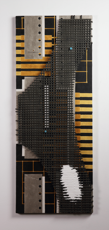 JAPANESE SECRET  SUKIYA 1   F6*2  318mm*820mm (318mm*410mm each)  2013 acrylic on canvas, bamboo, plaster, wood