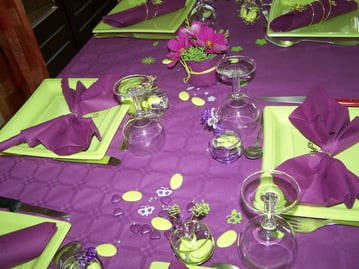 Décoration baptême fille thème papillon, thème violet et vert, serviette en papier papillon, dragées baptême fil alu