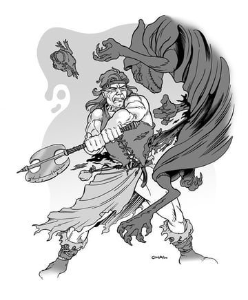 A barbarian hacks at a frog beast with his mighty ax! 