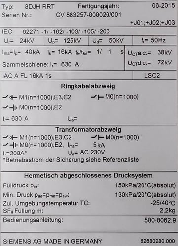 Schaltanlage - Leistungsschild - Siemens - Schaltberechtigung - 8DJH - Elektrofachkraft