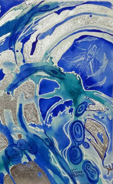 A blue watery painting inspired by a Sound Harmony Reiki Healing session.