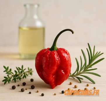 Infusion de piment Carolina Reaper dans une huile neutre, créant une huile pimentée équilibrée et savoureuse, ne pas utiliser d'huile d'olive