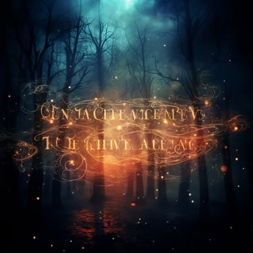 Eine Illustration wirkt sehr realistisch von einem dunklen Winterwald, in der Mitte steht etwas geschrieben in einer magischen Schrift, sie leuchtet und glänzt und ist umgeben von leuchtenden Partikeln