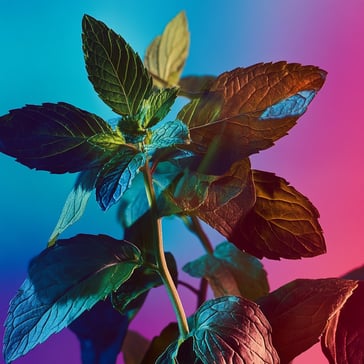 Ein lebendiges Foto von frischen Minzblättern, beleuchtet durch den bunten Schein von Neonlichtern vor einem abstrakten Hintergrund mit Farbverlauf. Der Fokus liegt auf den Blättern.